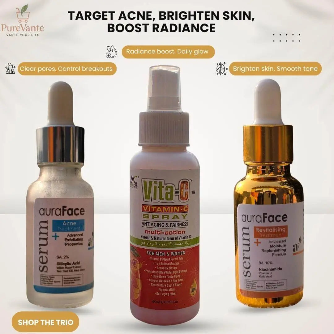 PureVante Skincare Combo anti-acne serum, niacinamide serum, and vitamin C spray for clear, glowing skin and daily skincare routine