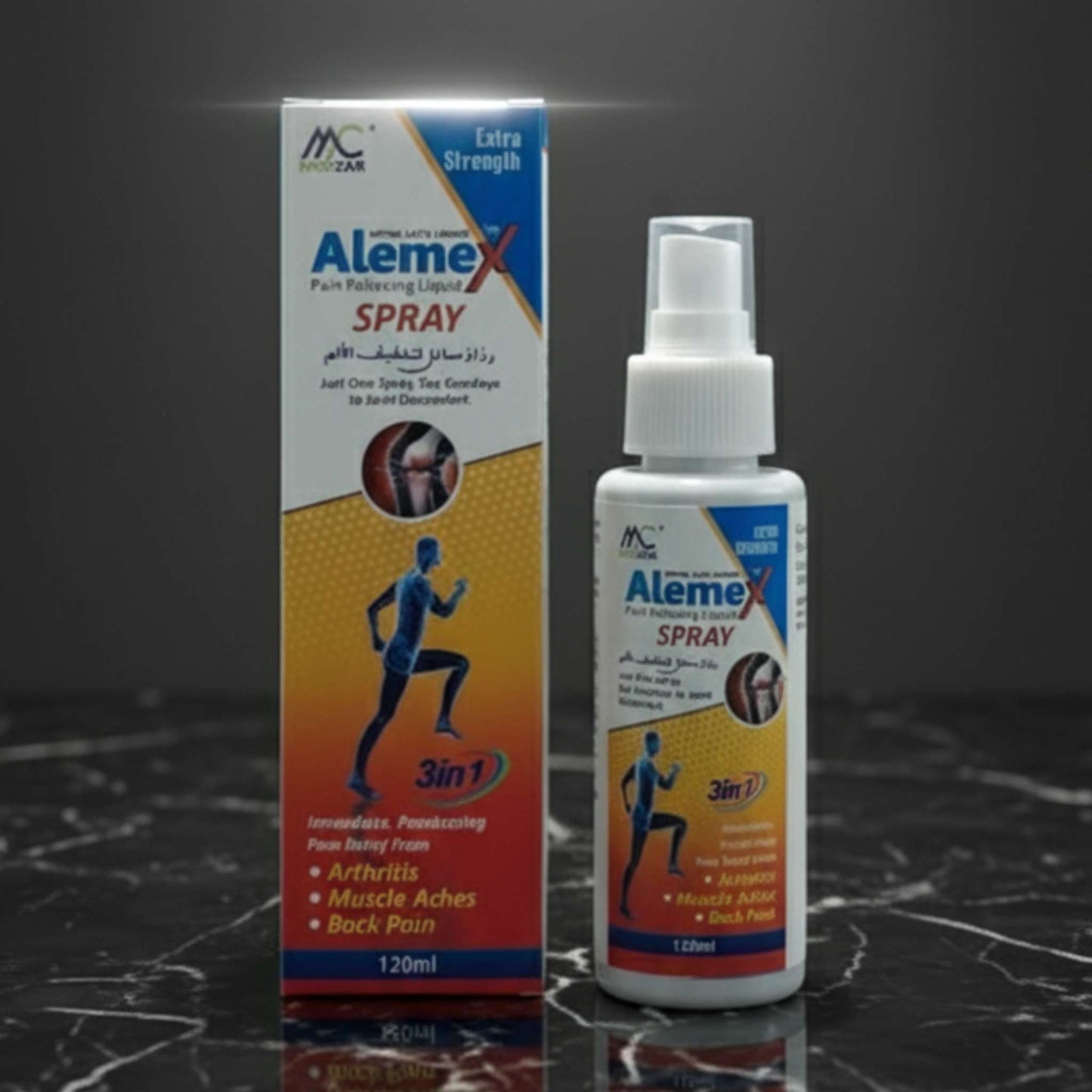 Pure Vante Alemex Spray instant pain relief formula for body aches, joints, and sore muscles.