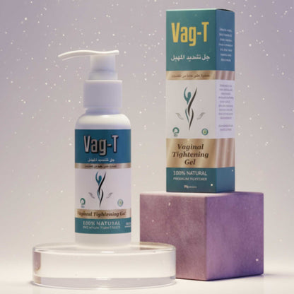 Feminine luxury photo of Pure Vante Vag-T Gel bottle and packaging with lavender glow and soft background lighting.