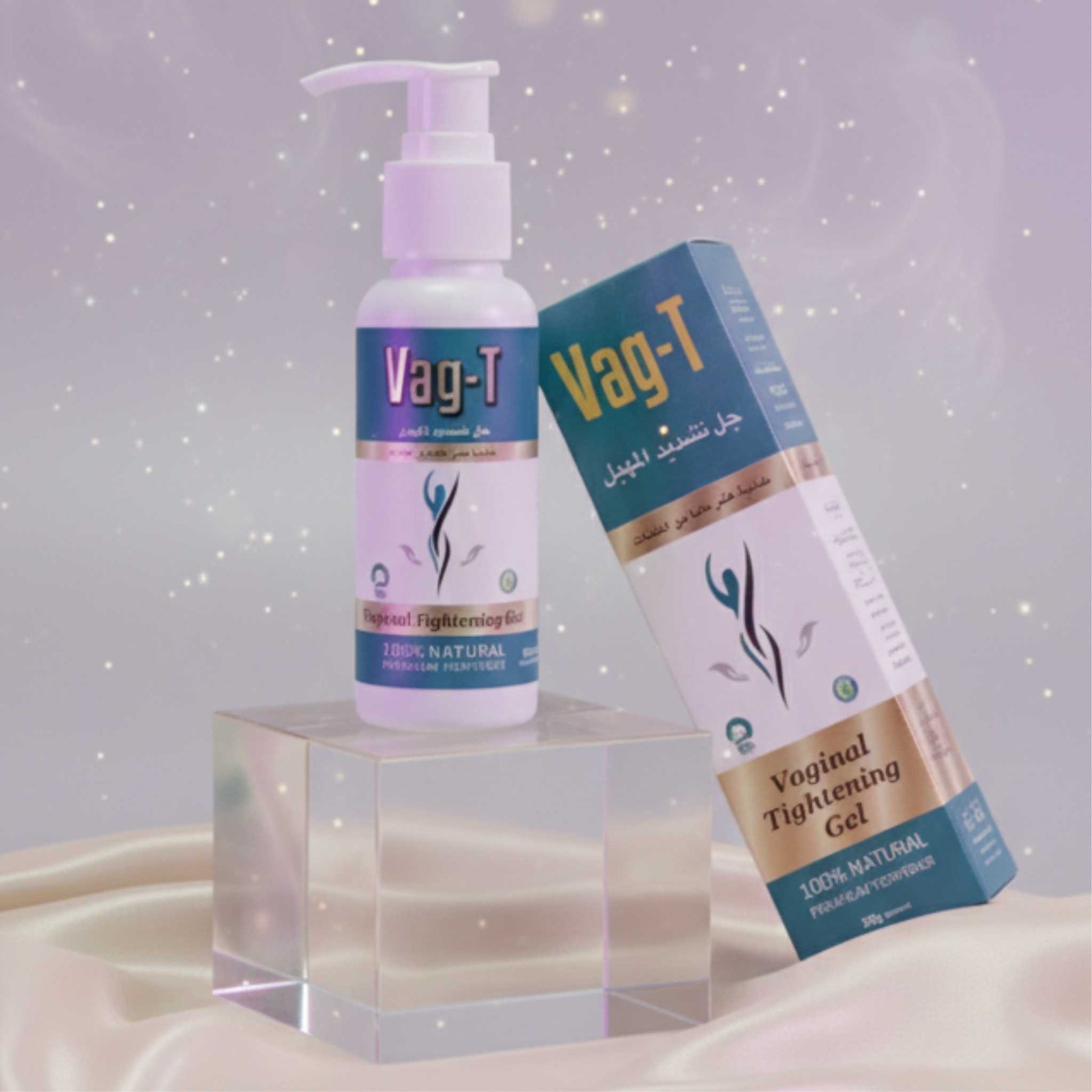 Royal purple cinematic scene showing Vag-T Gel and box in modern luxury composition.