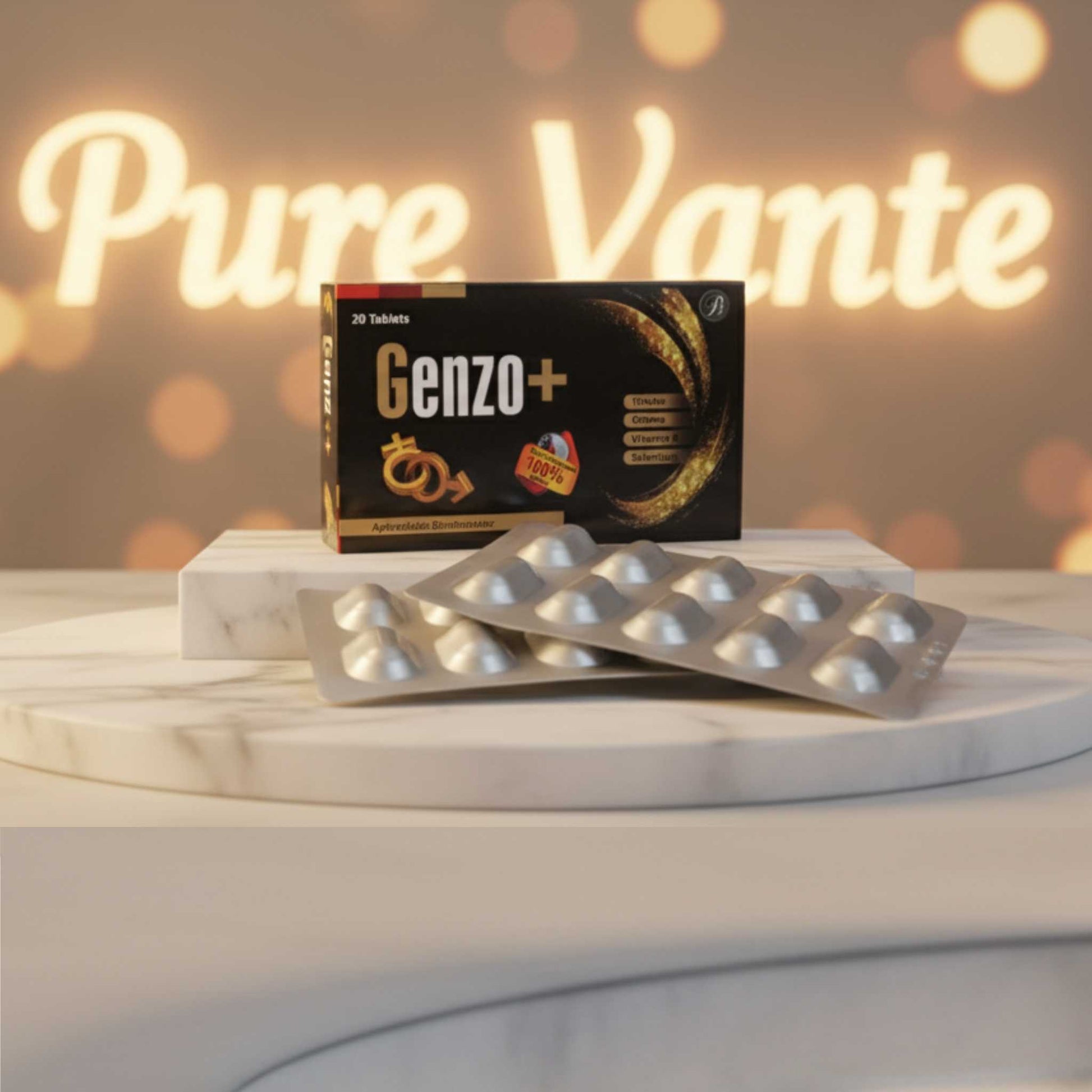 Genzo+ formula with Ginseng, Tribulus, and Vitamin E for improved stamina and recovery.