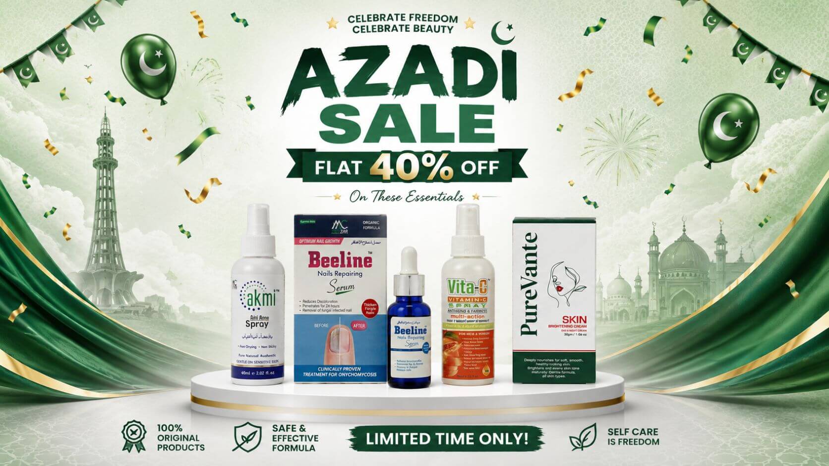 PureVante Azadi Sale banner featuring Flat 40% OFF on Skin Brightening Cream, Akmi Anti Acne Spray, Vita-C Spray and Beeline Nail Repair Serum for a limited time in Pakistan.