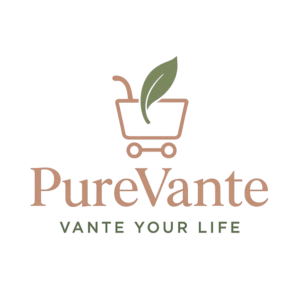 Logo of PureVante with a shopping cart and leaf icon on a white background