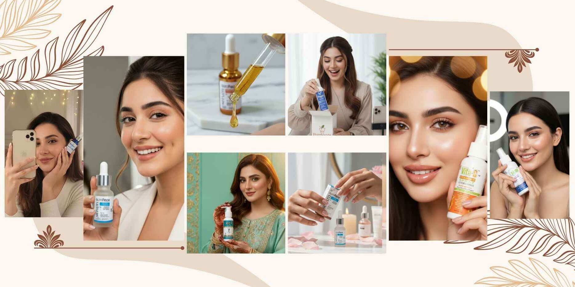 Pure Vante homepage hero banner featuring luxury skincare and wellness theme with soft rose gold and green accents, representing premium and natural products.
