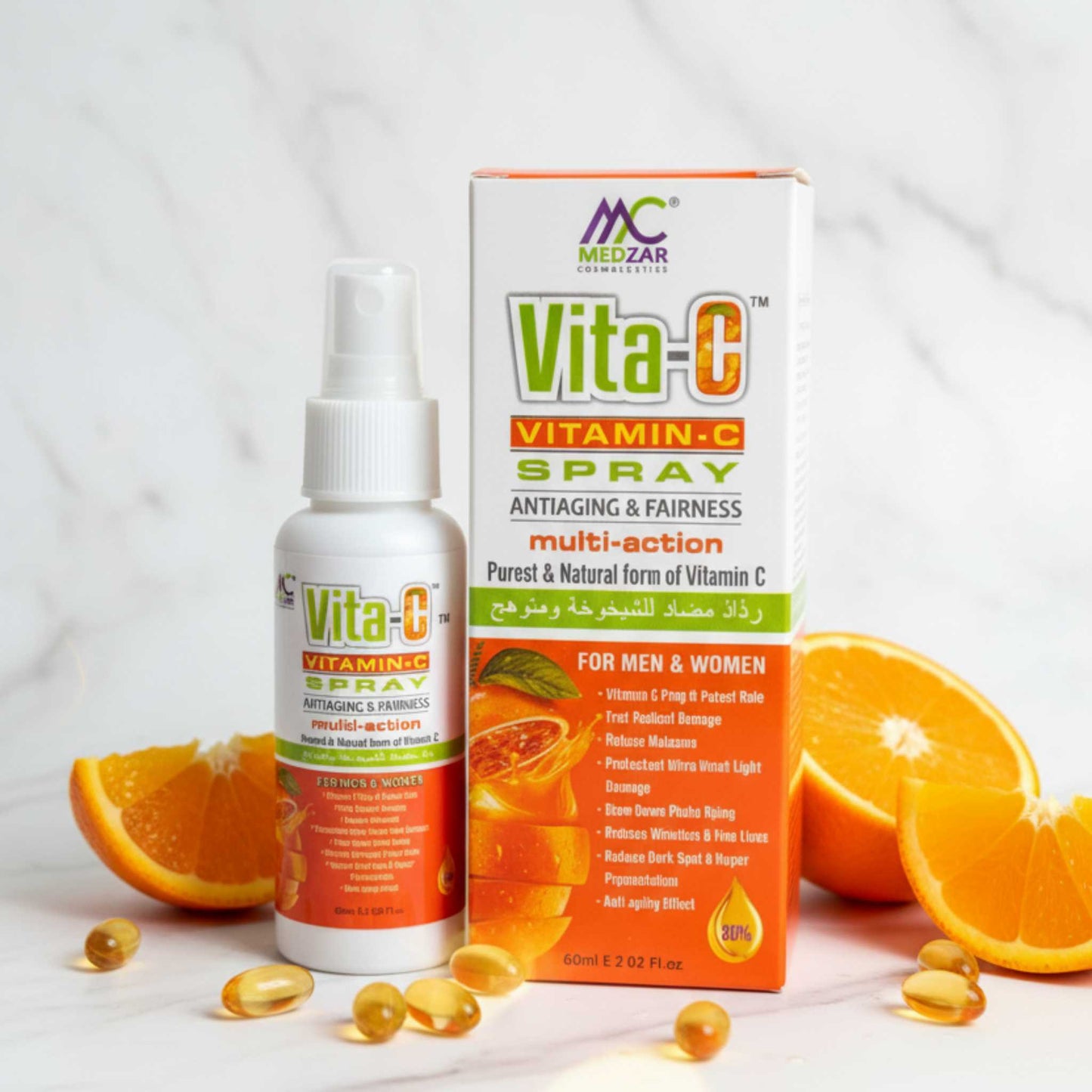 Vitamin C and Hyaluronic Acid infused spray for bright, smooth skin.